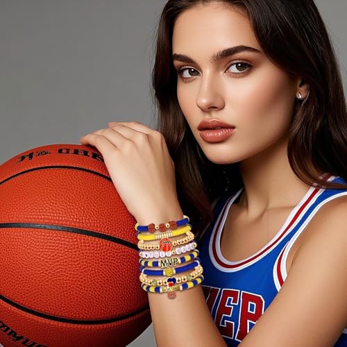 HZEYN Basketball Bracelets for Women Stack Beaded Basketball Friendship Bracelets Game Day Sports Basketball Charm Bracelet Bangles Basketball Mom Accessories Outfits Jewelry Gifts (Blue Yellow)