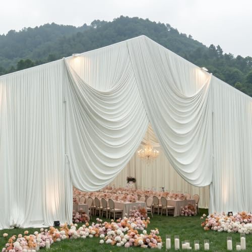 Htper 10 Panels 5x20ft Ivory Ceiling Drapes for Wedding Parties, Wrinkle Free Thick Polyester 20ft Extra Long Wedding Draping Ivory Ceiling Curtains Arch Drapery for Birthday Party Canopy Tent Decor