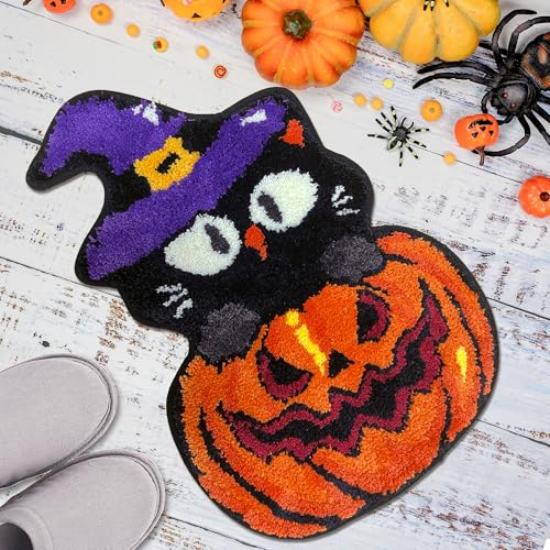 Halloween Bathroom Rug, Halloween Pumpkin Black Cat Bath Rug Non-Slip Back Water Absorbent, Cute Cat Witch Hat Plush Microfiber Bathroom Rug, Halloween Pumpkin Shower Mat Orange Bath Mat 16x24 Inches