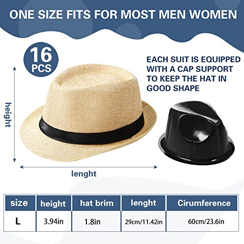 Image of Lasnten 16 Pcs Fedora Style Hat Bulk Men 1920s Gangster Short Brim Panama Cap Women Party Costume, Circumference 60 cm(Beige)
