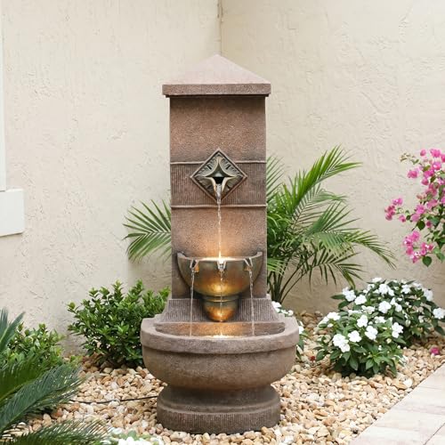Image of Bumilgar Outdoor Wall Fountain with LED Lights, 39.96 inch H Freestanding Garden Water Fountain, Large Floor Standing Patio Waterfall Feature, European Resin Flat Back Yard Courtyard Porch Decor