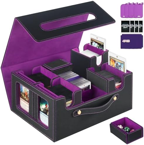 ICEMOR Karten AufbewahrungsBox für Griff,Commander Deck Box für MTG&TCG,Trading Card Storage Box mit 4 Toploader,4 Stopper,4 bunte Trennblätter.(Schwarz & Violett)
