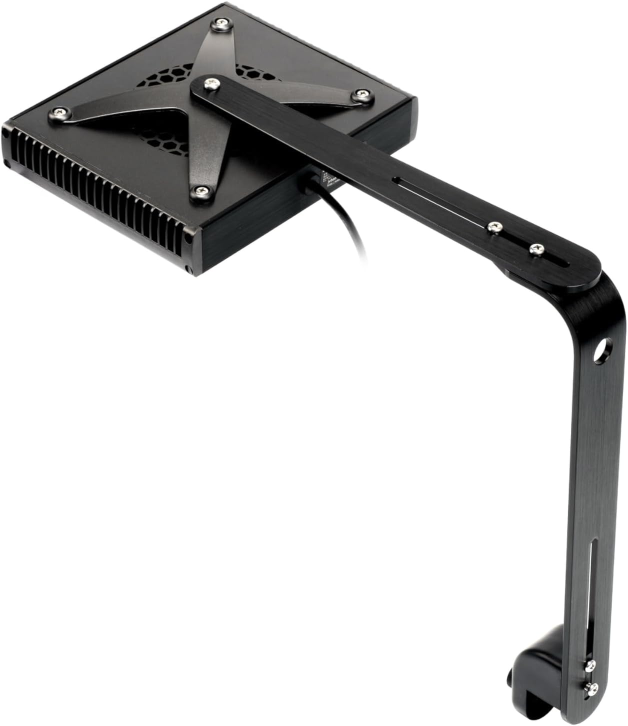 A dalt view of the Jebao Smart Marine LED Light with its mounting arm assembled.