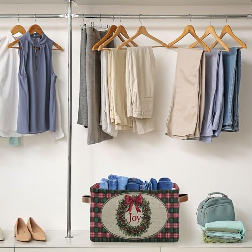 Image of Christmas Joy Wreath Bow Knot Storage Basket with Waterproof Liner and PU Handles Winter Poinsettia Buffalo Plaid Storage Bins Boxes 14.2 inch Collapsible Decorative Baskets for Bedroom Office 1 Pack