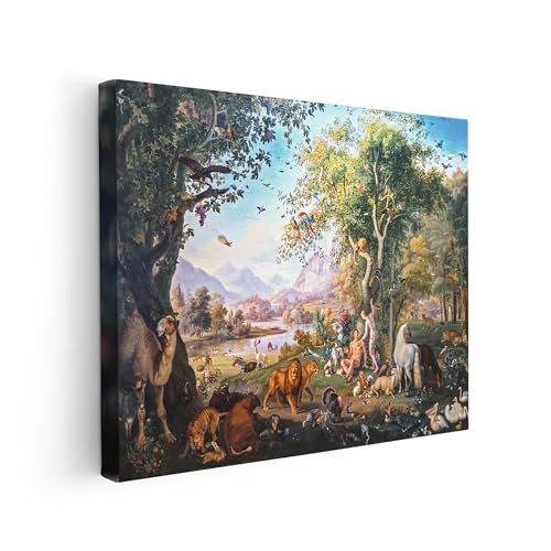 Poster Master Adam and Eve in the Garden of Eden Canvas - Classic Painting Print - Fine Art - Mythology Design - Jungle Animals Art - Office or Living Room Wall Decor - Available in 8x10 to 30x40