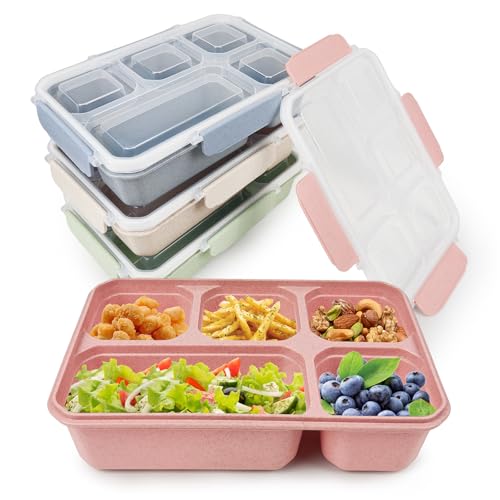 greenandlife 4 Pack Bento Lunch Box Set for Kids Adults, 5 Compartment Reusable Wheat Straw Meal Prep Food Storage Snack Containers, Microwave and Dishwasher Safe, INS