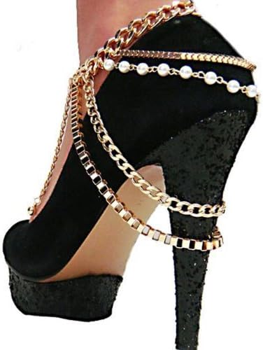 Gold Tone Heel Chain with Dangling Pearls and Links