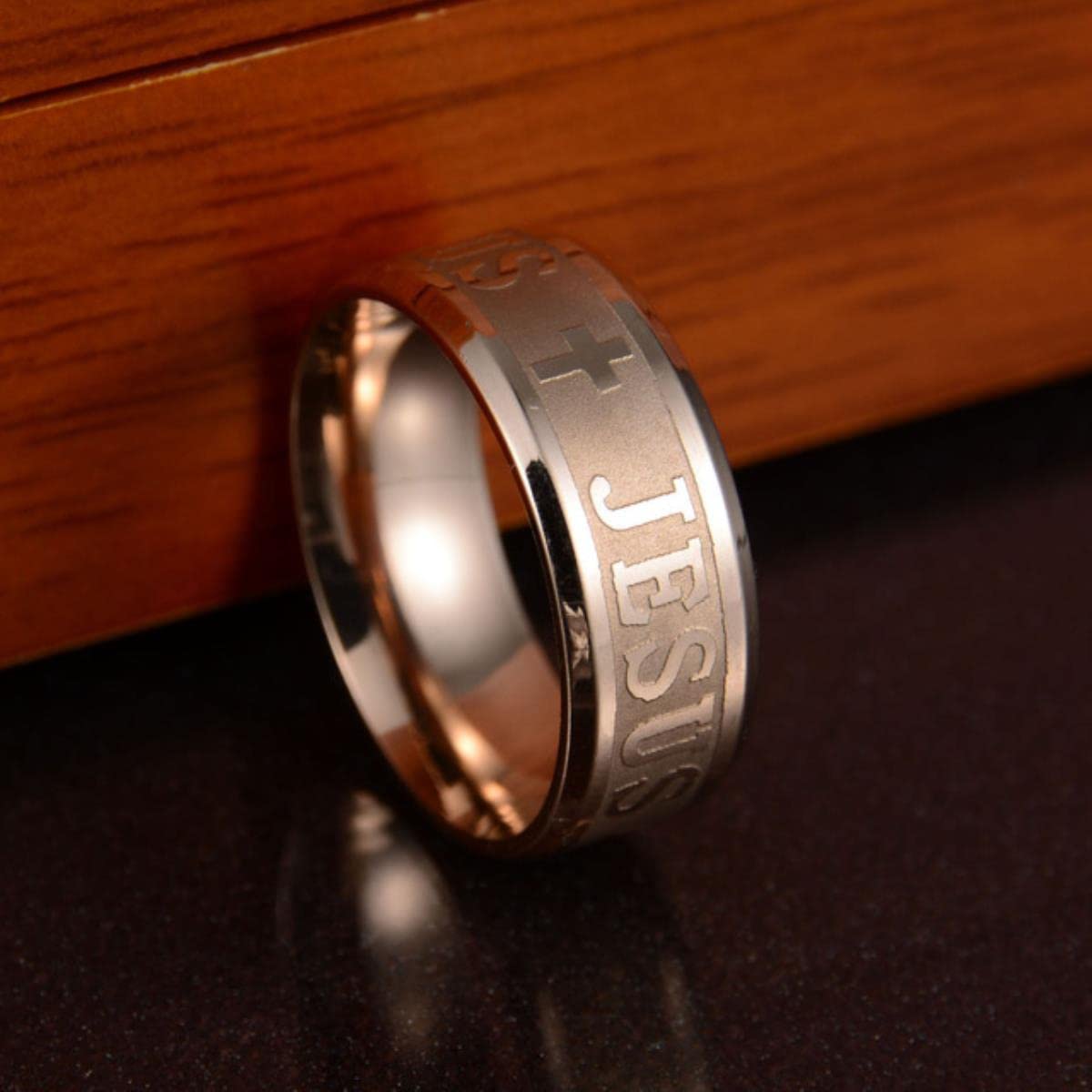 YAHOYA Large size 8mm Titanium Steel Gold Color Jesus Cross Letter Bible Wedding Band Ring Men Women Jewelry