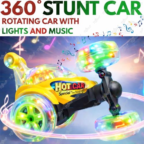 Image of toyco Rechargeable 360 RC Stunt Car for Kids | 5 Modes with Smoke & LED Lights | Dual-Side Rotating Remote Control Car | 2.4GHz Long Range (75+ Ft) | Off-Road Stunt Toy for Boys Girls 3-10 (Yellow)