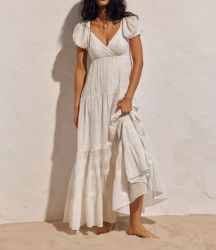 Woman Floral Puff Sleeve Maxi Dress Square Neck Ruffle Flowy Long Dresses Bohemian Tiered Summer Sundress - Image 2