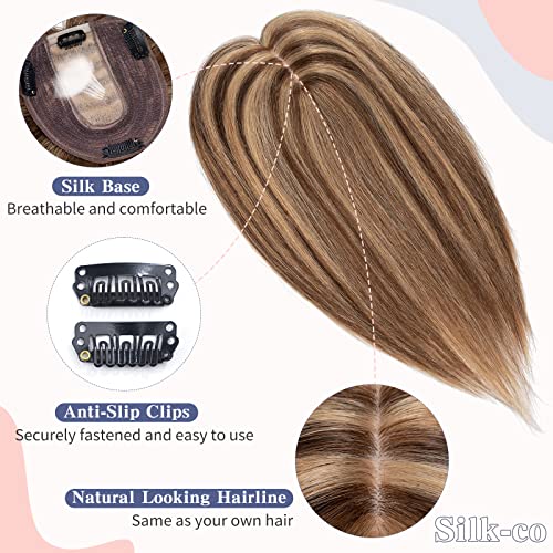 Silk-co 10inch Hair Topper for Thinning Hair Women Clip in Real Remy Human Hair Extensions Top Piece Base Size 10 * 12cm Silk+Lace Base (#4P27 Medium Brown&Dark Blonde) - Image 3