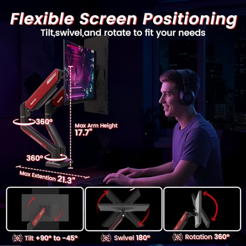 Dual Monitor Mount Gaming for Computer Screen 13-32" and up to 22 lbs,360° Rotation,+90° to -45° Tilt,180° Swivel,with C Clamp and Grommet Base,Integrated Cable Management,75x75/100x100 VESA,RED by NearHub - Image 3