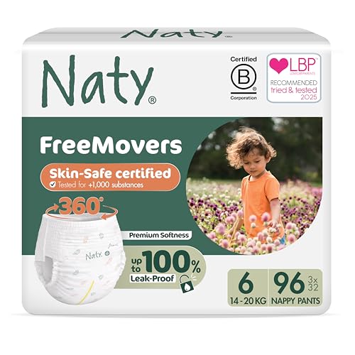 Naty FreeMovers Nappy Pants | Sensitive Skin Certified Potty Training Pants | Soft, Fragrance Free | Absorbent & Leak-Proof | Unisex Baby & Toddler | Size 6 (14–20 kg), 96 Count