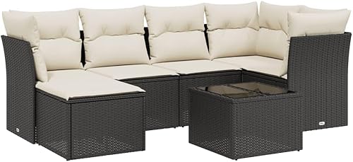 Miniatura 2 de 7-Piece Modular Garden Sofa Set Black Poly Rattan with Tempered Glass Table and Steel Frame, Weather-Resistant Outdoor Furniture for Patio Seating