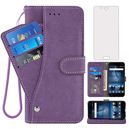 Asuwish Compatible with Nokia 8 Wallet Case and Tempered Glass Screen Protector Leather Flip Cover Lanyard Wrist Strap Credit Card Holder Stand Cell Accessories Phone Cases for Nokia8 Women Men Purple