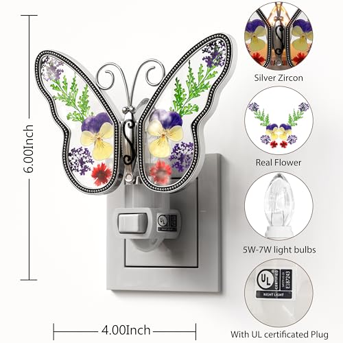 Image of KY&BOSAM Butterfly Night Lights Plug into Wall 1-Pack 7W Plug in Night Light Dusk to Dawn 3000K Warm White Bright Real Flower+Metal Nightlight Switch-On /Off for Adults Kids Room Bathroom Kitchen Decor