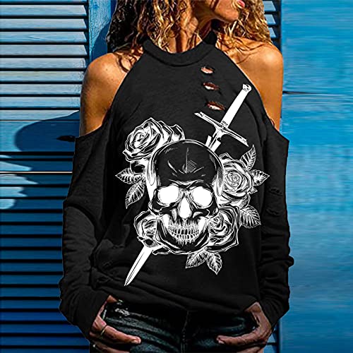 Briskorry Halloween schoudervrij shirt met lange mouwen uitgesneden gat skelet print patroon casual hemd lange mouwen blouse herfst winter basic tops casual bovenstuk festivalkostuums - Image 3