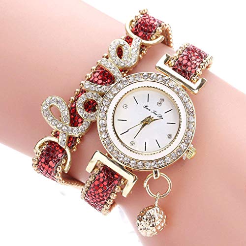 Damen-Armbanduhr Quarz-Armbanduhr mit rundem Zifferblatt, eingelegtes Strass-Armband mit langem Armband für Frauen, Rot