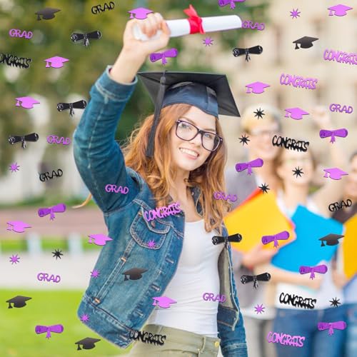 Image of Purple and Black Graduation Confetti 2026, 1000 Pcs Class of 2026 Table Centerpiece Grad Confetti for 2026 Graduation Party Decorations Supplies