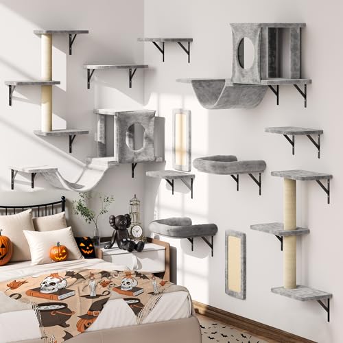 12-in-1 Cat Wall Shelves Wall Mounted Cat Climber with Condo House Scratching Post Bridge Ladder Space-Saving Indoor Play Furniture for Kittens Gray