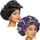 Satin Bonnet for Women, Silk Bonnet for Curly Hair Bonnet for Black Women Satin Hair Ankara African Print Head Scarf Head Wrap 2 Pack (Black/Purple)