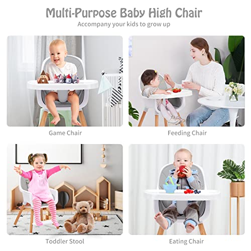 Babevy Convertible Baby High Chair, 4 In 1 Wooden Highchair/Booster/Chair With 2 Removable Tray, Adjustable Legs, 5-Point Harness, Detachable Pu Cushion, And Footrest For Baby, Infants, Toddlers #TOP5