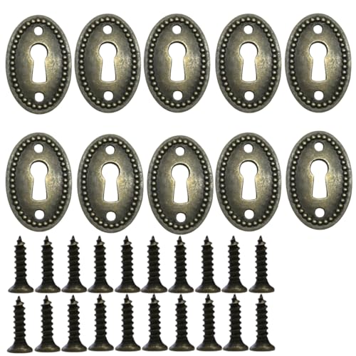 UPEYXDQR Oval Stamped Antique Brass Decorative Keyhole Cover Plate, Keyhole Escutcheon Plate for Cabinet, Door, Dresser, Drawers, Desk Furniture Hardware 10 Pack
