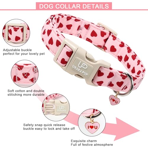 Image of Valentine's Dog Collar, UP URARA PUP Pink Love Heart Adjustable Pet Collar with Bowknot Charm, Adorable Wedding Dog Accessories for Small Medium Large Dogs