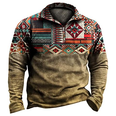 HanzhuoLG Men's Western Ethnic Print Outdoor Sports Tactics Tops Spring Autumn New Casual Retro Tshirt Sweatshirts Khaki 3XL Cover