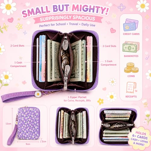 Image of AACKS Flower Wallets with Strap Little Girls Flower Coin Pouch Small Cute Wallet for Teen Girls with Coin Pocket Cherry Fruit Wallet