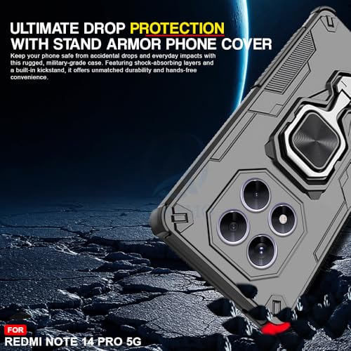Image of AESTMO Armor Back Cover for Redmi Note 14 Pro /Poco X7 5G | Ring Holder & Kickstand & Camera Protection in-Built | 360 Degree Protection Back Case Cover (Black)