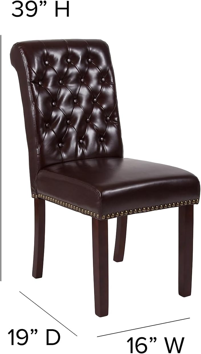Flash Furniture HERCULES Series Brown LeatherSoft Parsons Chair with Rolled Back, Accent Nail Trim and Walnut Finish