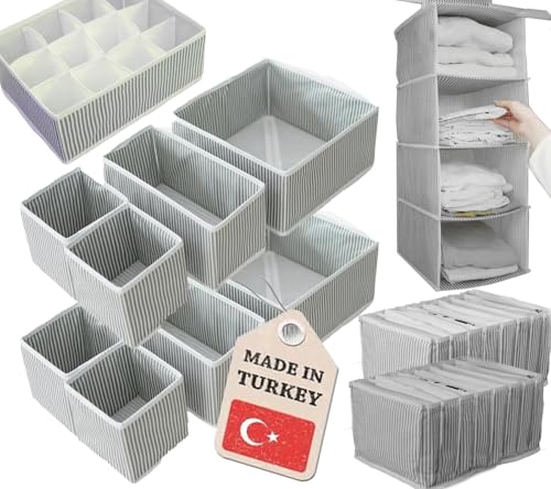 KRAPPS Organizador Cajones Ropa XXL Set de 12 Cajas Almacenaje Plegables Tela y Colgante - Organizador Armario Ropa, Cajas Organizadoras Armarios, Organizadores de Cajones, Organizadores de Armarios