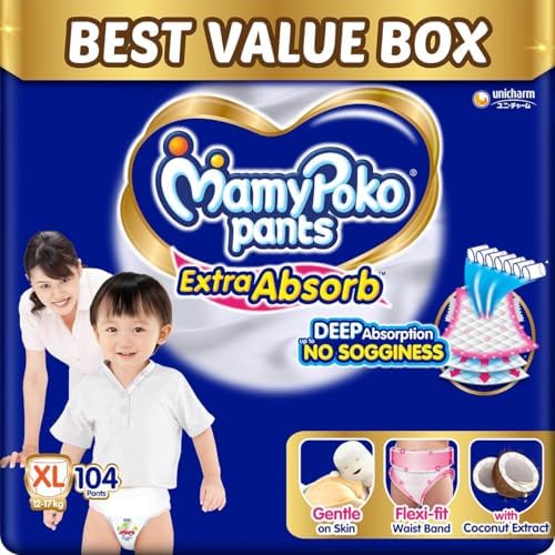 MamyPoko Pants Extra Absorb Baby Diapers, Extra Large (XL size) 12-17 kg 104 Count |Deep Sleep DiapersSoft gentle fit |Deep Absorbent Crisscross skin friendly with coconut oil (52 count, Pack of 2)
