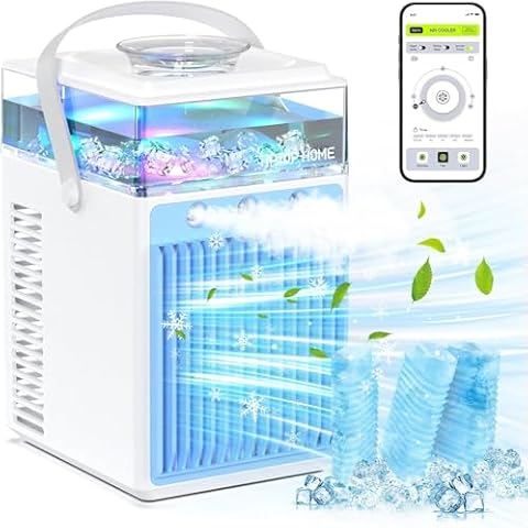 Portable Air Conditioners,4 in 1 Rechargeable Evaporative Personal Air Cooler APP Remote Control Humidifier with 6 Ice Boxes, 3 Speeds Mini AC with LED, Air Conditioner Desktop Cooling Fan for Bedroom Cover