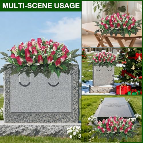 Artificial Cemetery Flowers for Grave,Headstone Flower Saddle for Grave Tombstone Decorations (1, Rose Red) image 2