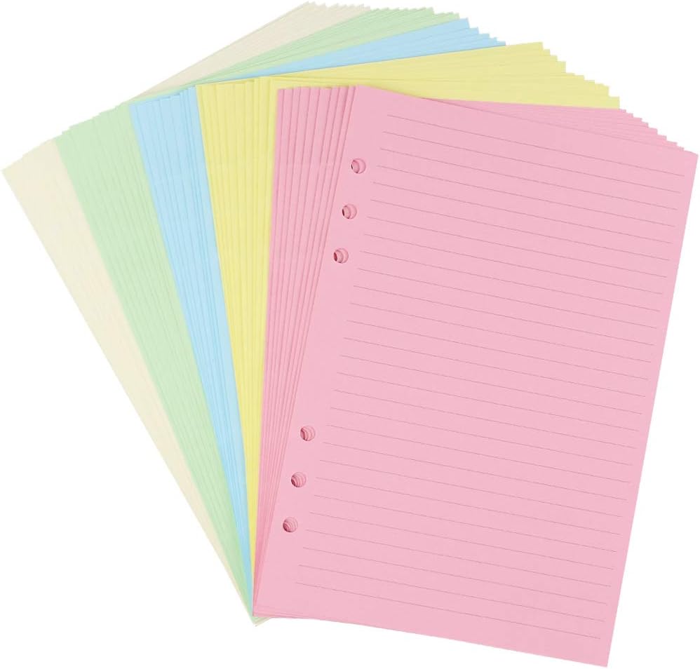 A5 Colorful 6-Hole Punched Ruled Refills Inserts for Personal Size Organizer Binder, 5-Color Loose Leaf Planner Filler Paper, 50 Sheets/100 Pages,Ruled (8 1/4 x 5 5/8")