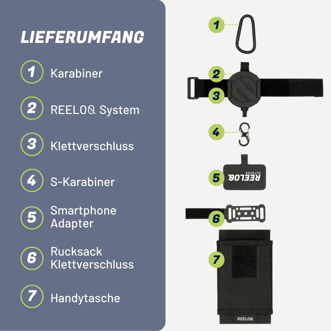 REELOQ PRO Sécurisation pour smartphone, incl. pochette de sac à dos pour téléphone portable et corde de sécurité enroulable pour téléphone portable, Noir , 9 cm x 16 cm