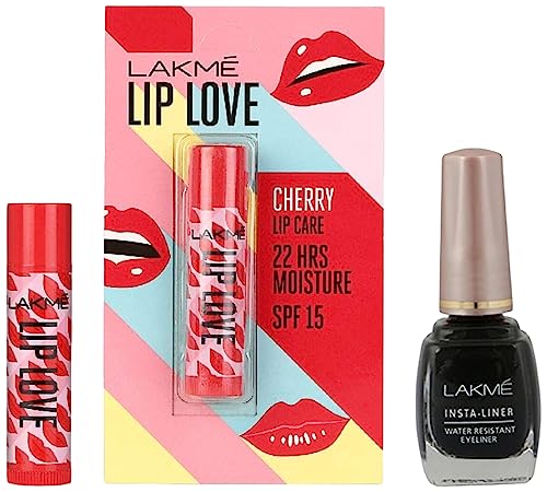 Image of LAKME Insta Eye Liner, Black, 9ml And Lip Love Chapstick Lip Balm, Spf15, Creme Finish - Cherry, 4.5 g