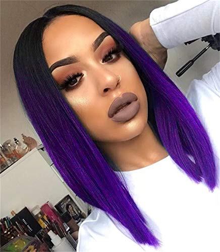 Quick Wig Ombre Wigs Purple Short Straight Bob Wig Black to Purple Middle Part Heat Resistant Fiber Synthetic Cosplay Party Wigs for Women