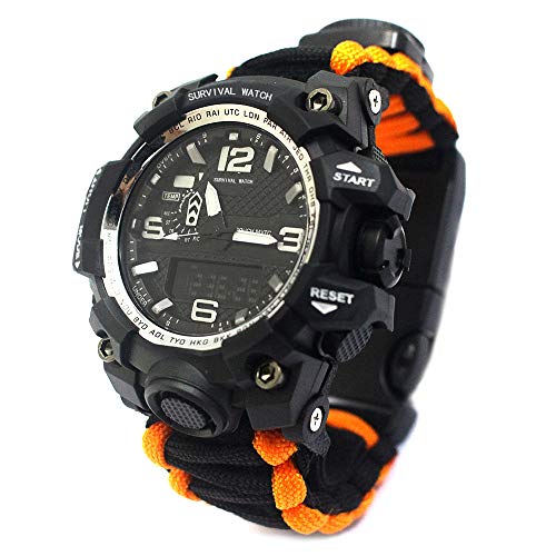 TecHong 6 in 1 Outdoor Survival Armband Uhr Notfall Sport Wasserdicht Armband Erste Hilfe Werkzeuge mit Paracord Kompass Thermometer Pfeife Feuerstarter Schaber für Camping & Abenteuer