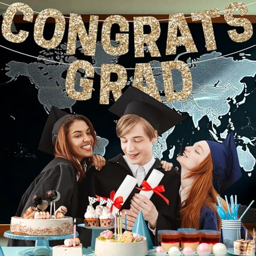 Image of Gold Congrats Grad Banner Garland,Glitter Graduation Party Banner, Gold Grad Congrats Class of 2026 Party Decorations for College High School Graduation Party Supplies (Congrats Grad Letter)