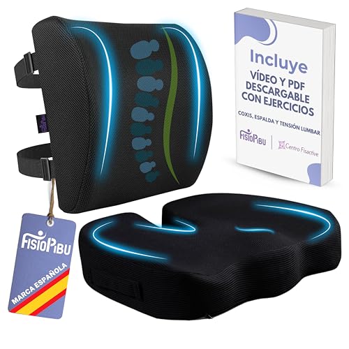 Fisiopibu Pack Cojin Silla Oficina + Cojin Lumbar + Regalo Video y PDF de Ejercicios|Cojín Coxis|Respaldo Lumbar Silla Oficina|Cojin Antiescaras|Ortopedico|Viscoelastico|Gaming|Funda Lavable máquina