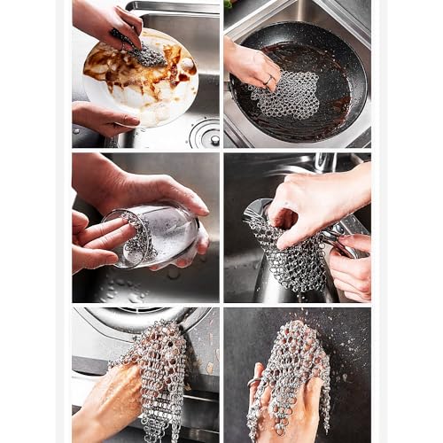 Image of 316L Stainless Steel Chain Mail Scrubber pan mesh Cloth for Casting Iron POTS, Frying Pans, pre-Flavor POTS, Cups and Bottles, cast Iron Cleaning, 2 Pieces (7inch)