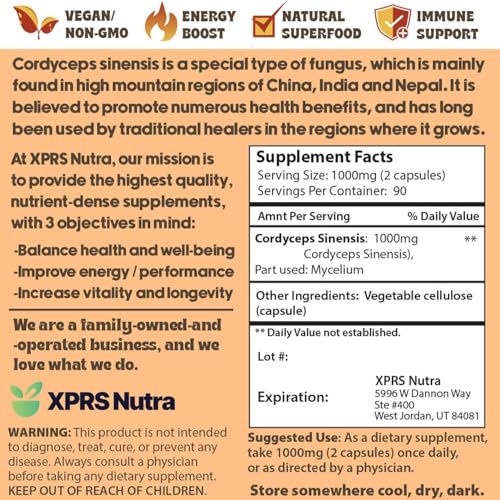 Image of XPRS Nutra Cordyceps Mushroom Powder Capsules - 180 Count (90 Day Supply) - Premium Cordyceps Mushroom Capsules Made from Real Mushrooms (Cordyceps) for Stamina and Performance