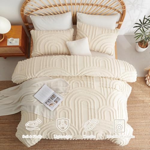 Image of Boho Tufted Comforter Queen Size Beige Geometric Tufted Comforter Set Bohemian Arch Tufted Bed Set 3 Pieces Shabby Chic Embroidery Soft Jacquard Bedding for All Seasons with 2 Pillowshams