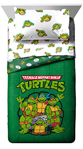 Image of Jay Franco Nickelodeon Teenage Mutant Ninja Turtles Green Bricks 5 Piece Twin Bed Set - Includes Reversible Comforter & Sheet Set Bedding - Super Soft Fade Resistant Microfiber