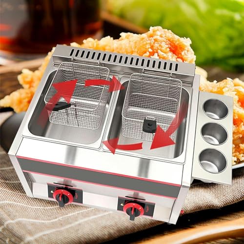 AFLEPCBRQ Freistehende Fritteuse mit Temperaturregelung, gewerbliche Gasfritteuse, große 22-Liter-Doppelfritteuse mit Körben und Deckeln, Tischfritteuse (Gas) – Bild 3
