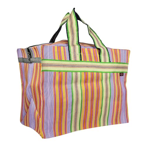 Image of (#B2B25NYXLZip) Reusable EXTRA LARGE Recycled Multicolour Cloth Tote Cum Handbag Jhola Under bed storage bag for clothes 20 x 14 x 12 inch with Zip closure