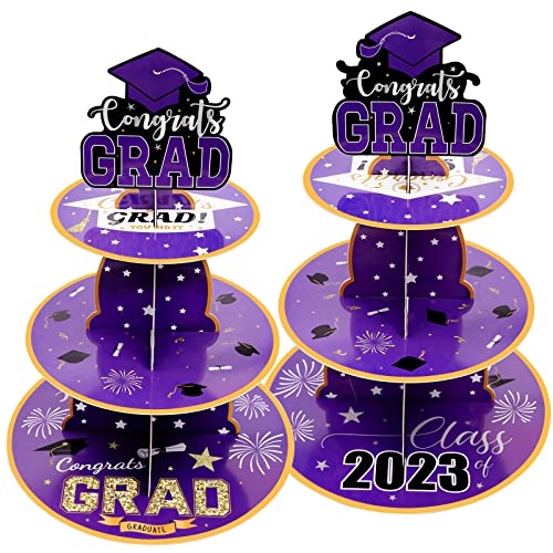 2 Set Graduation Cupcake Stand, 3 Tier Round Cardboard Cupcake Stand Perfect For Grad Themed Party Décor, Graduation Party Supplies, Graduation Dessert Favors Supplies (Purple) #TOP11